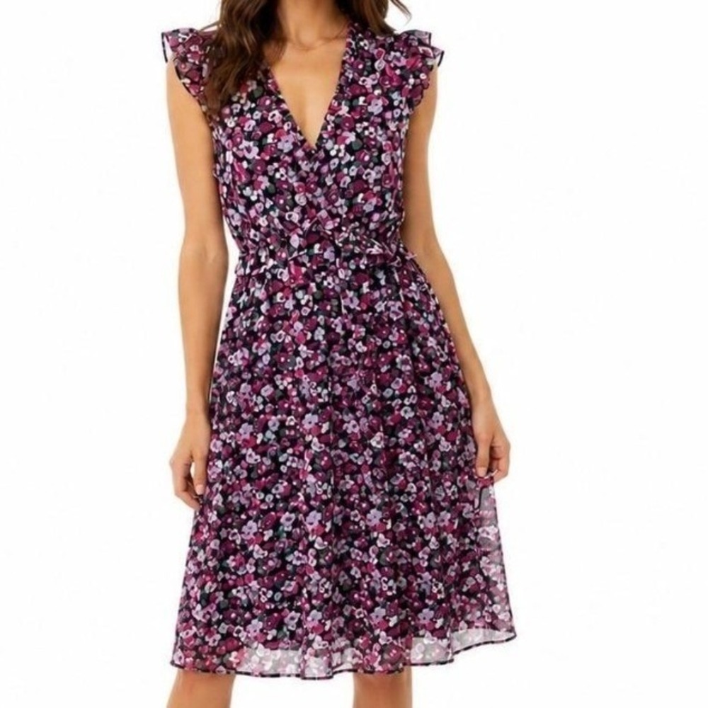 J.Crew Midi Dress Pink Floral Ruffle V-Neck Pockets Chiffon Casual Size 6